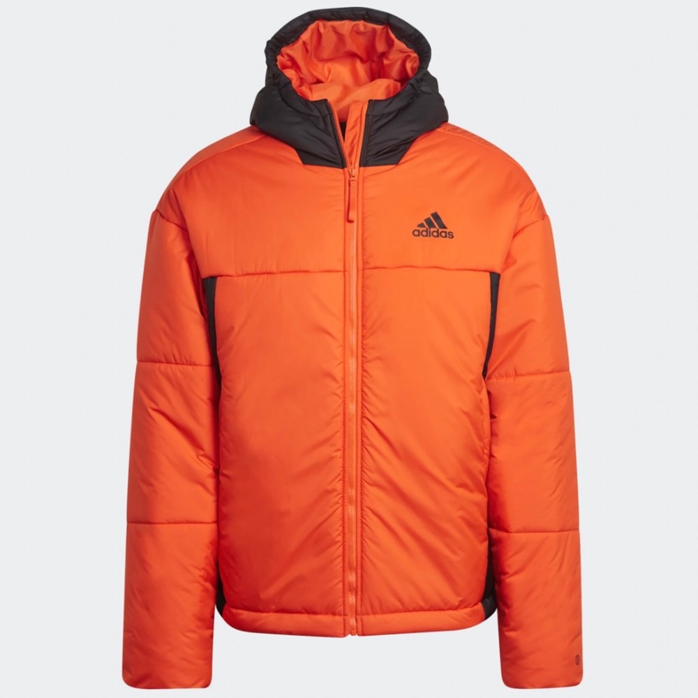 Adidas BCS 3-Stripes Puffy Hooded Jacket in Orange/Black (L)